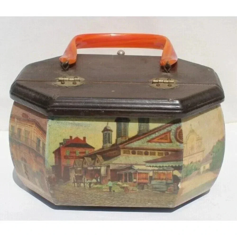 Vintage 1970s Victorian Cottage Octagon Wood Box Purse W/ Handles